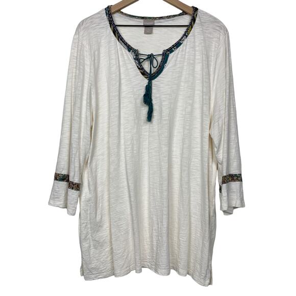 Chico's Tunic Top Size 4 3/4 Sleeve Tie Neck Tassel XXL Ecru Boho Cream Modal - Picture 1 of 15